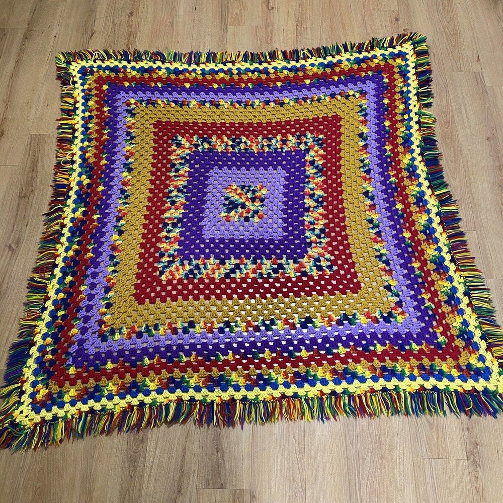 LARGE CROCHETED AFGHAN! VERY PRETTY! 60" X 60” COLORFUL SQUARES